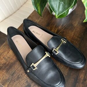 Aldo Black Leather Loafers with Gold Accent